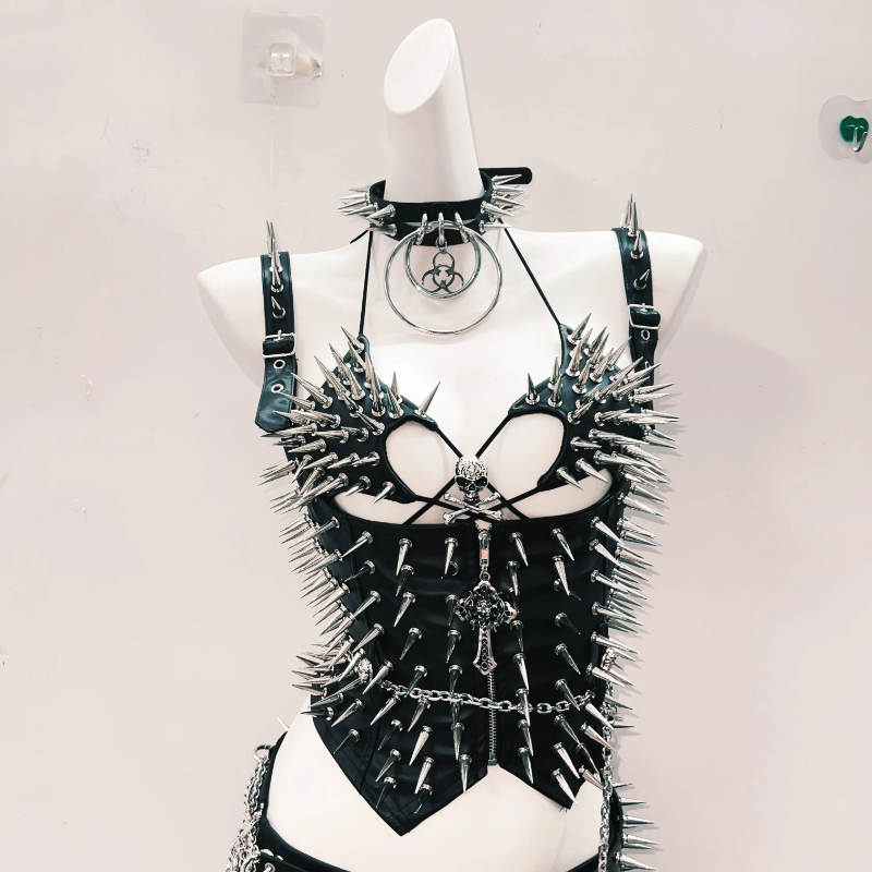 Rivet skull applique halter PU leather mini skirt set Cargo Mini Skirt  | Festival Outfits Women