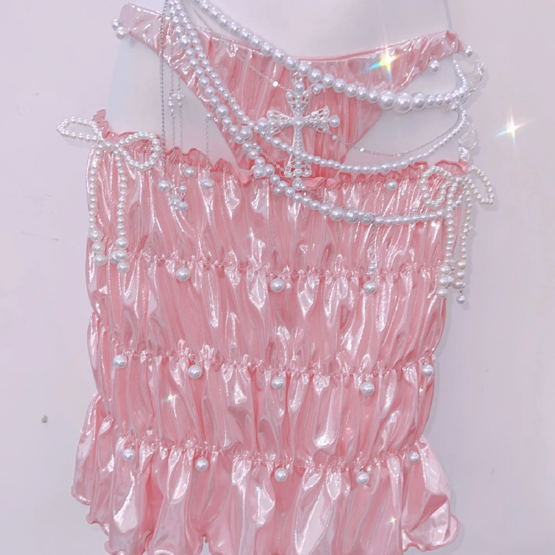 Halter bowknot 3 piece ruffle beaded ruched mini skirt set  | Festival Outfits Women