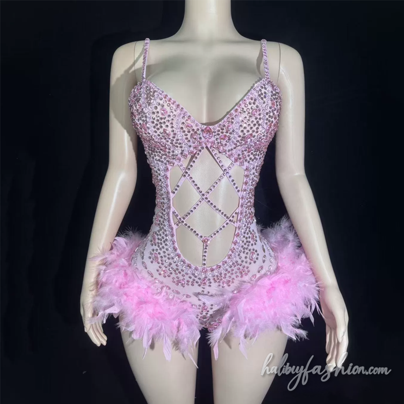 Hollow out beaded feather v neck cami romper