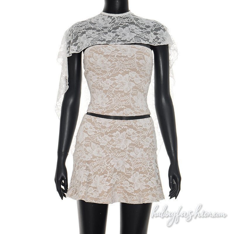Lace shrug button 3 piece mini skirt set - Halibuy - 2