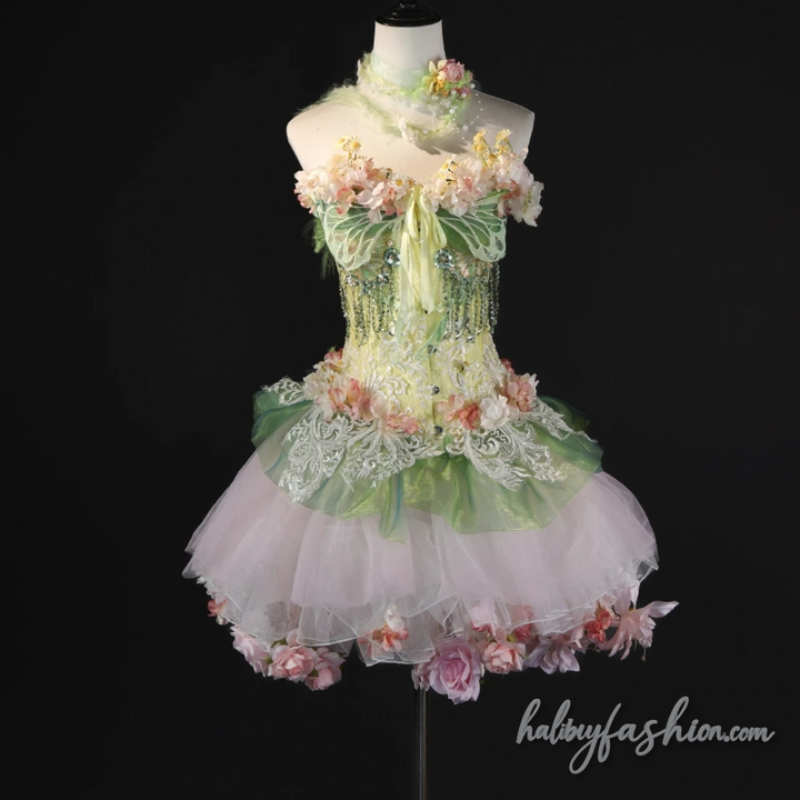 Glitter flower applique self tie ruched tube mini skirt set