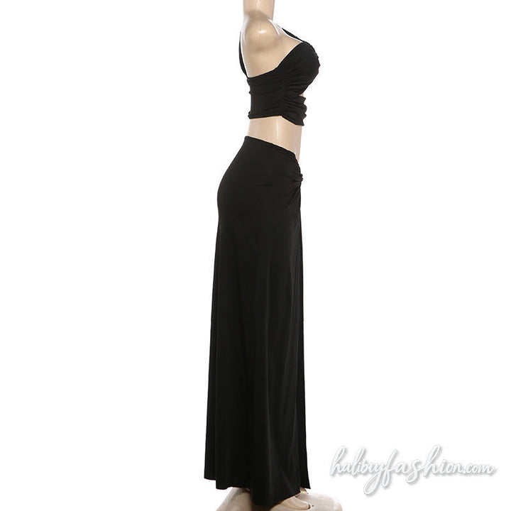 Hollow out one shoulder ruched slit maxi skirt set