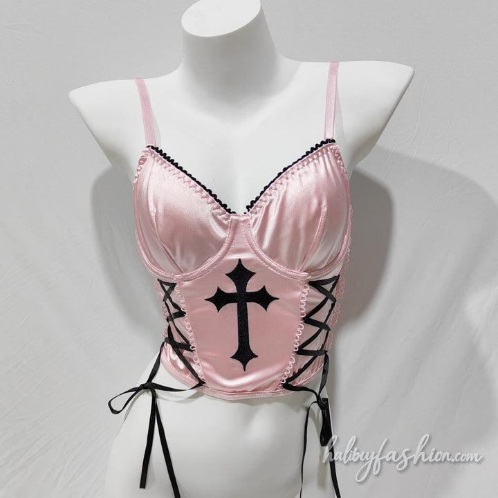 V neck lace up satin cross embroidery cami top - Halibuy - 2
