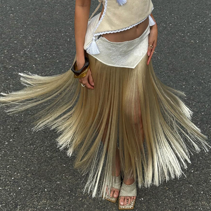 Tassels patchwork contrast midi skirt  | Festival Outfits Women