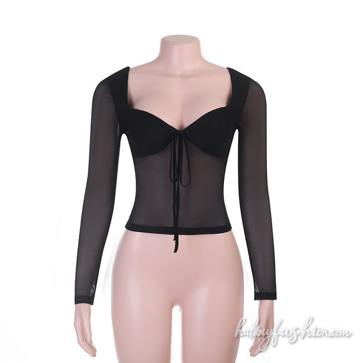 Long sleeve self tie v neck mesh backless top