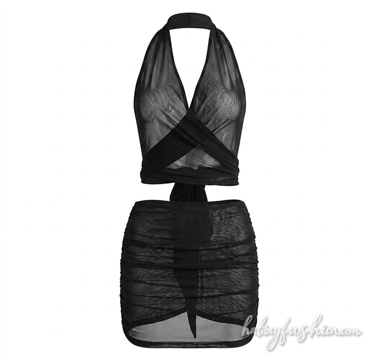 Halter mesh ruched self tie backless mini skirt set