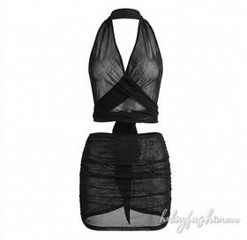 Halter mesh ruched self tie backless mini skirt set