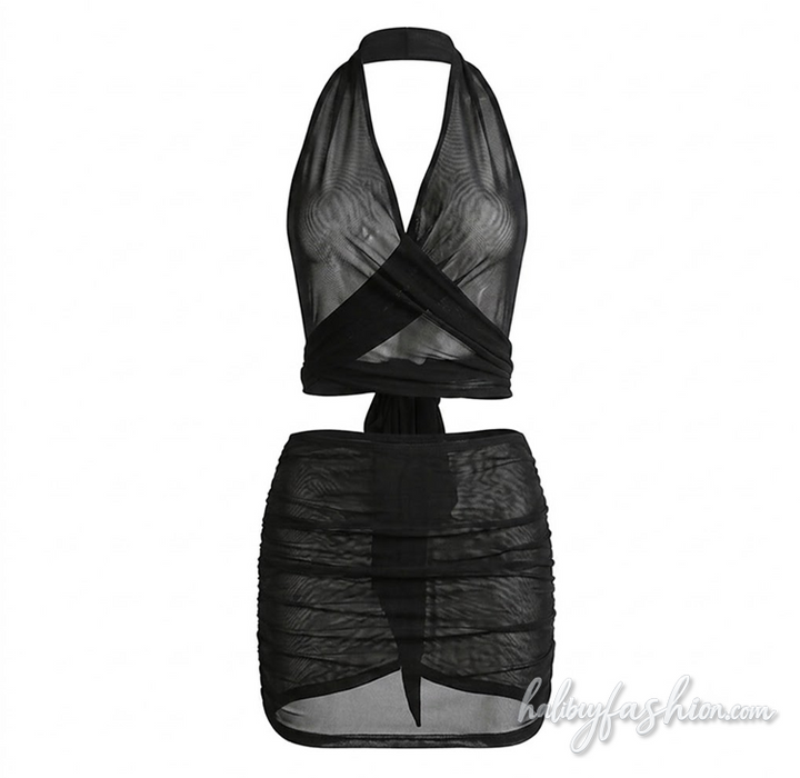 Halter mesh ruched self tie backless mini skirt set