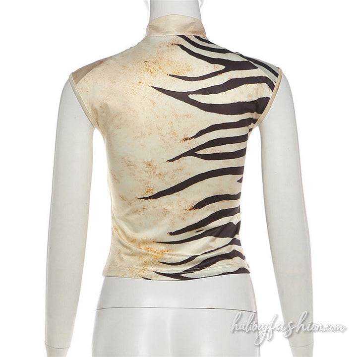 Hollow out self tie print sleeveless crop top