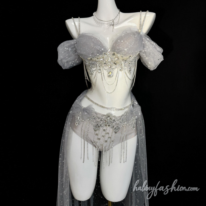 Glitter tassels mesh beaded cami pant set