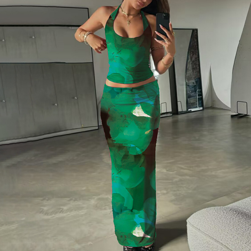 Halter self tie u neck flower print maxi skirt set  | Festival Outfits Women