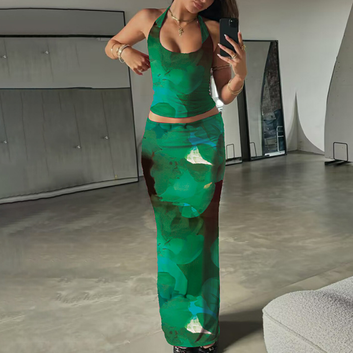 Halter self tie u neck flower print maxi skirt set  | Festival Outfits Women