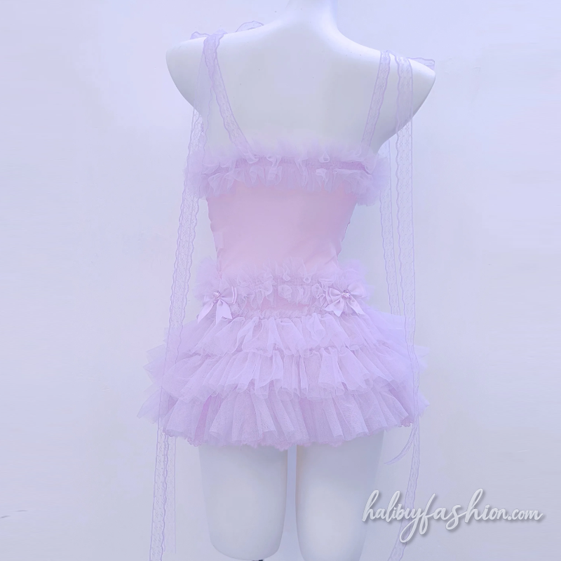 Hollow out Bowknot ruffle cami mini skirt set