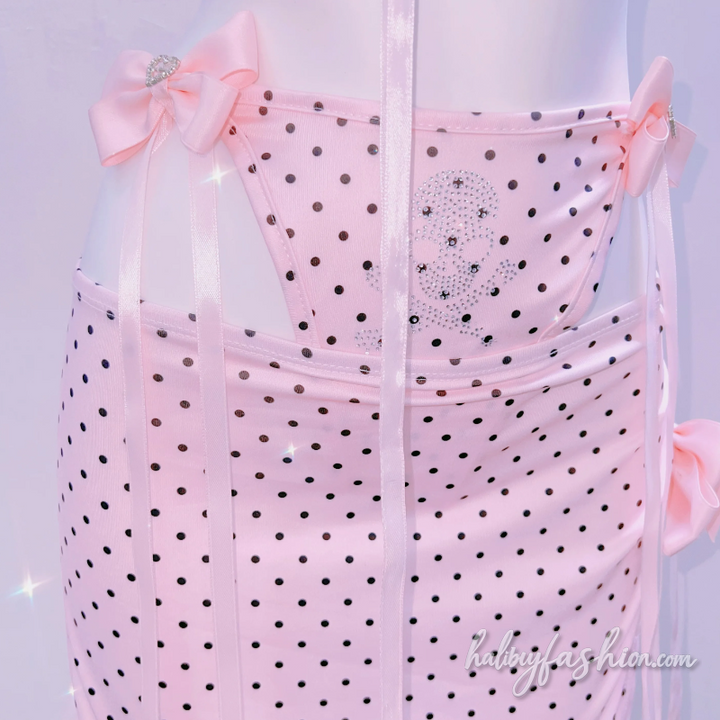 Polka dot halter self tie bowknot beaded mini skirt set