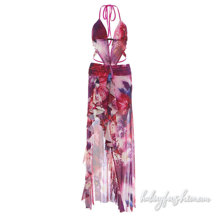 Print halter self tie v neck irregular maxi dress