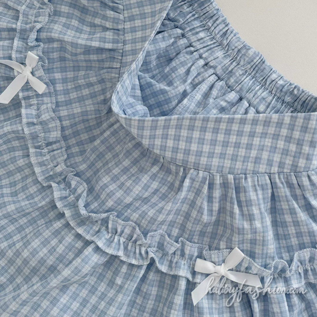 Bowknot plaid puff sleeve ruched square neck mini skirt set - Halibuy - 5
