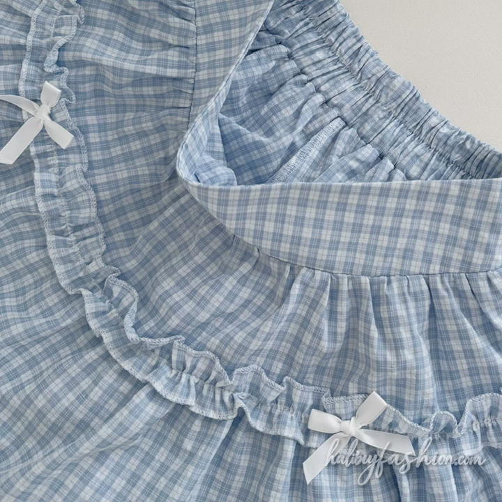 Bowknot plaid puff sleeve ruched square neck mini skirt set - Halibuy - 5