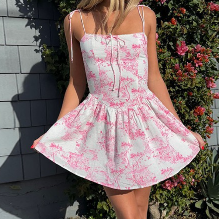 Square neck print self tie cami mini dress  | Festival Outfits Women