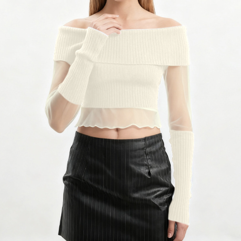 Long sleeve off shoulder ruffle mesh patchwork top  | Festival Outfits Women