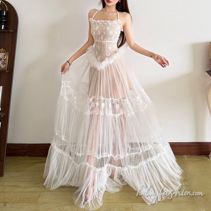 Mesh ruffle halter ruched backless maxi dress