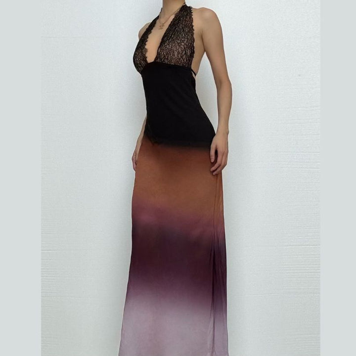 Halter self tie deep V neck gradient lace maxi dress  | Festival Outfits Women