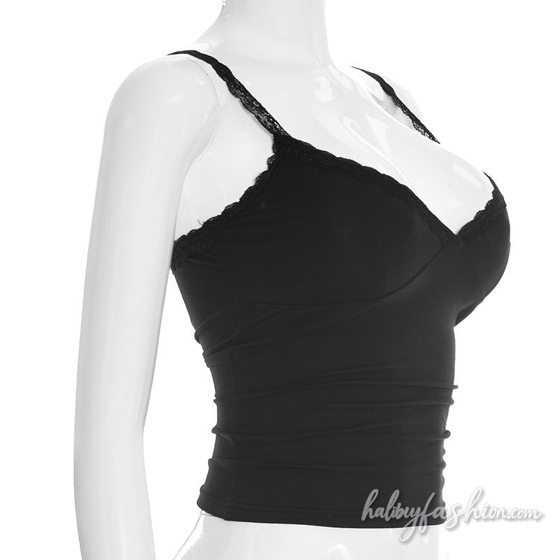 Lace hem v neck backless solid cami top