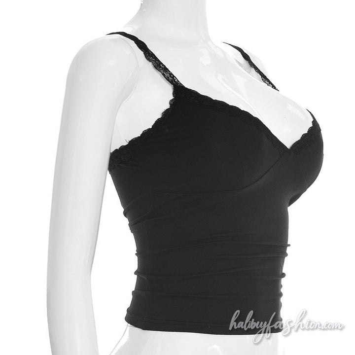 Lace hem v neck backless solid cami top
