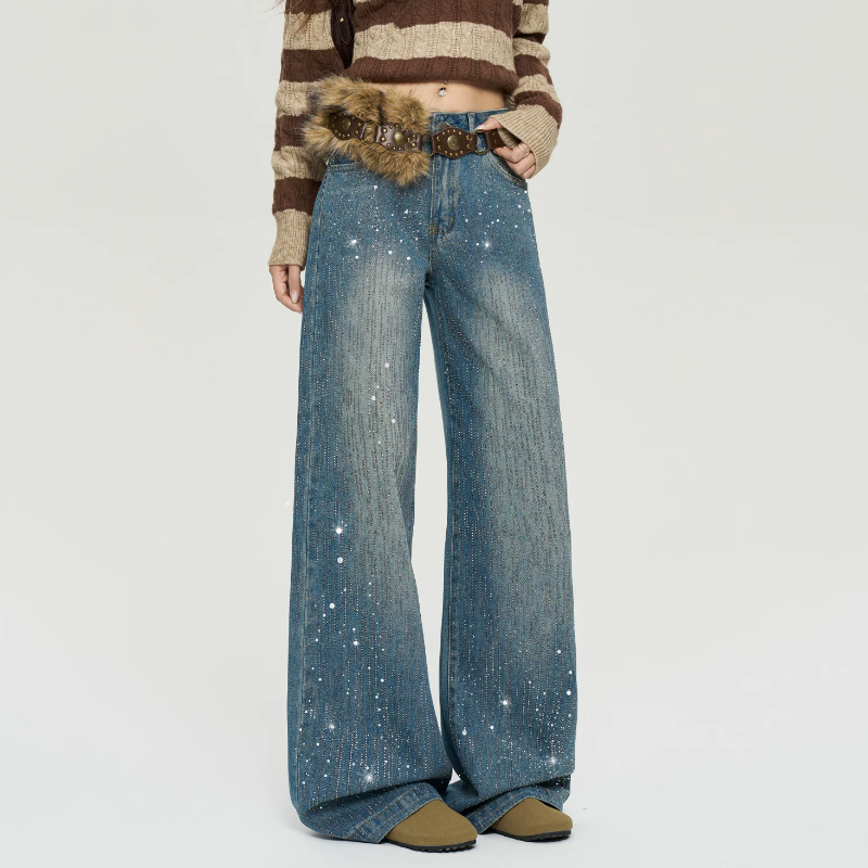 Beaded button pocket low rise straight leg | Baggy Low Rise Jeans