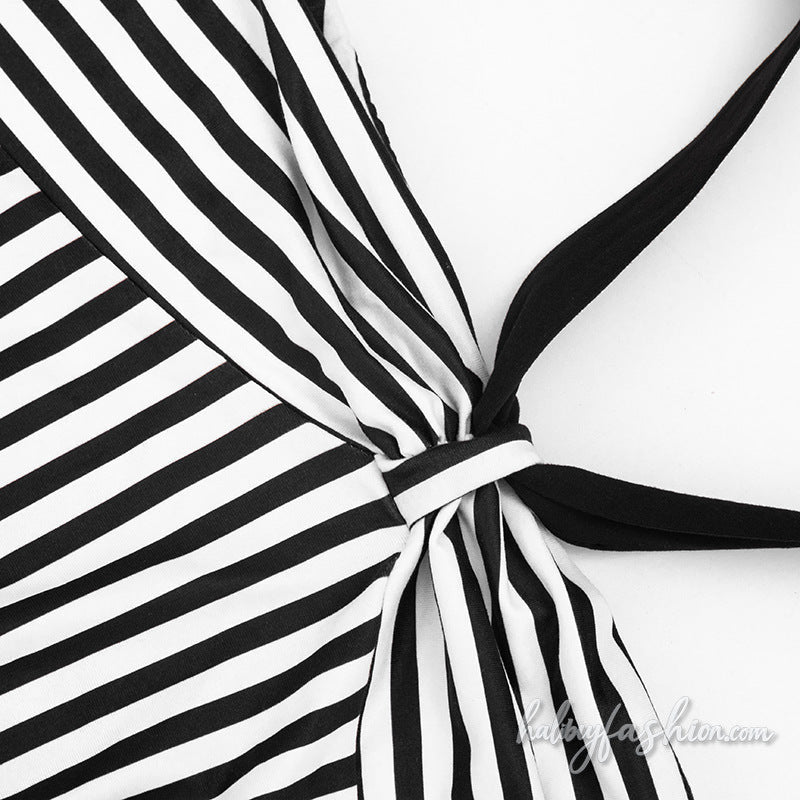 Striped halter self tie backless mini dress - Halibuy - 6