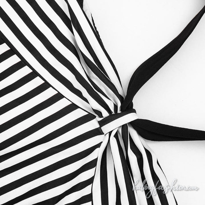 Striped halter self tie backless mini dress - Halibuy - 6