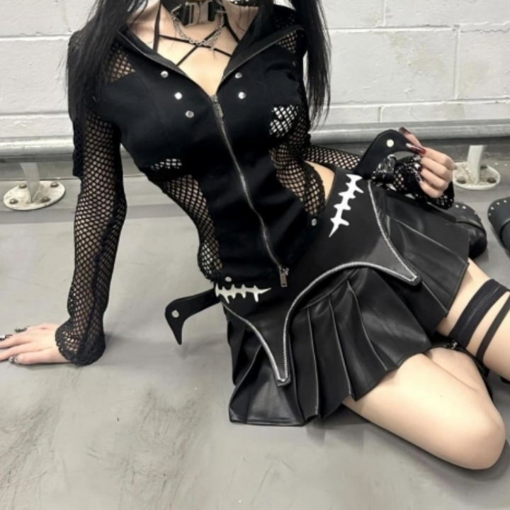 Zip-up hollow out long sleeve pleated mini skirt set  | Festival Outfits Women