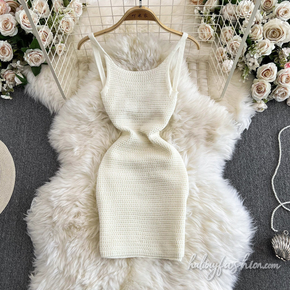 U neck knitted hollow out cami mini dress