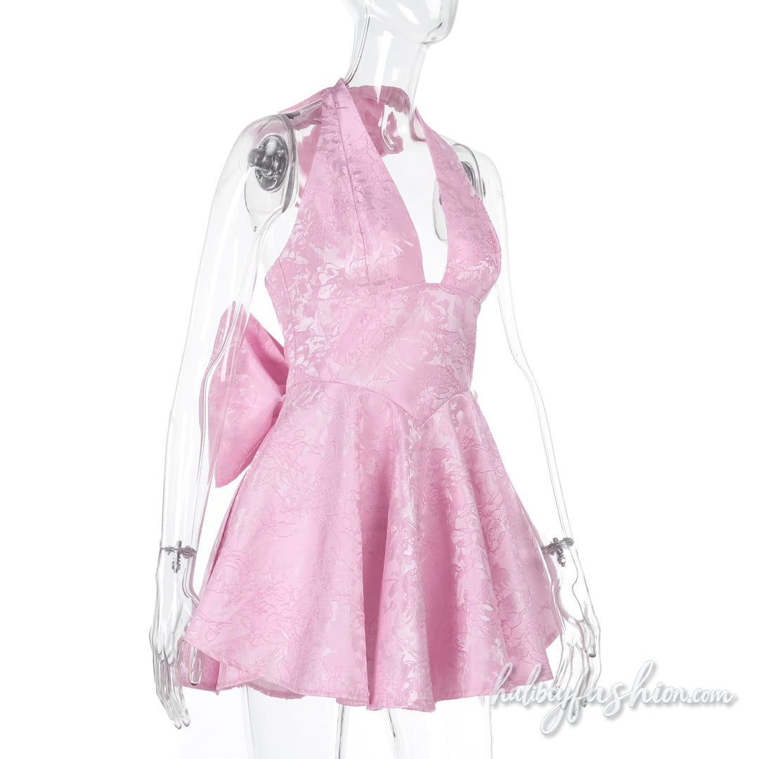 Halter self tie bowknot v neck print mini dress