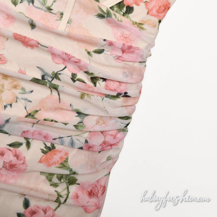 Ruched flower print lace hem mesh cami maxi dress