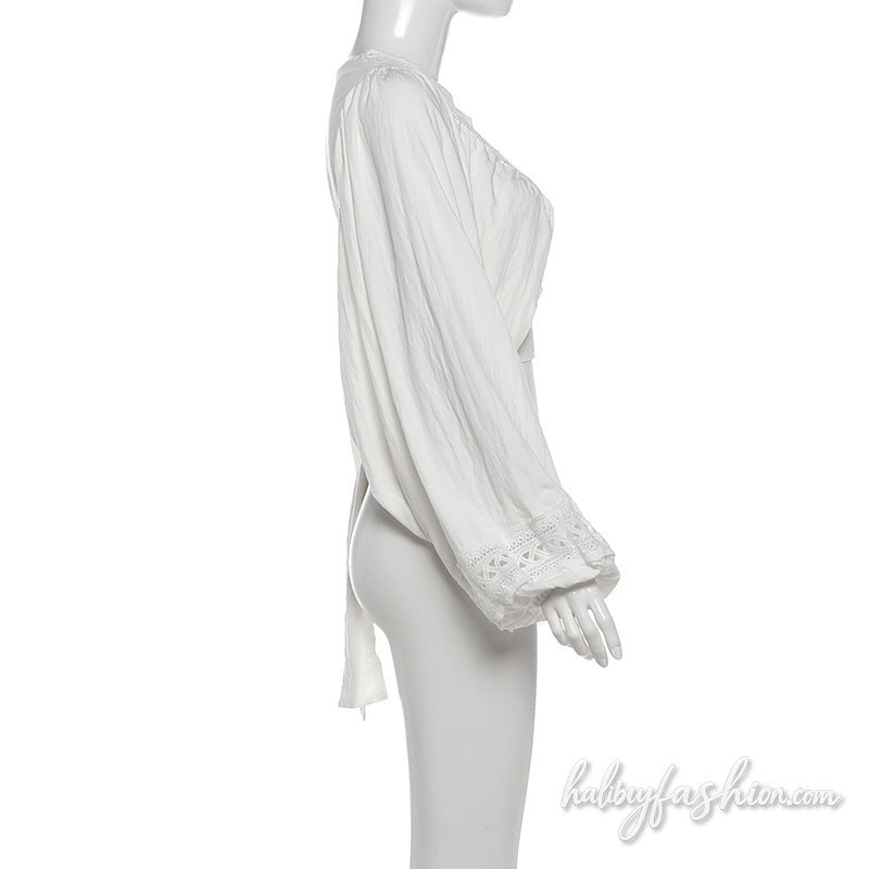 Long sleeve v neck ruched hollow out crop top