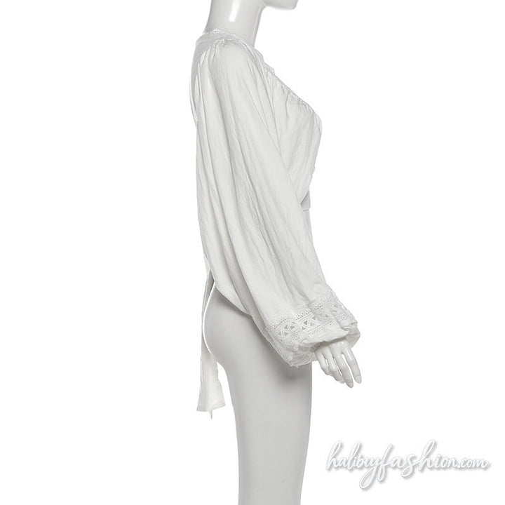 Long sleeve v neck ruched hollow out crop top