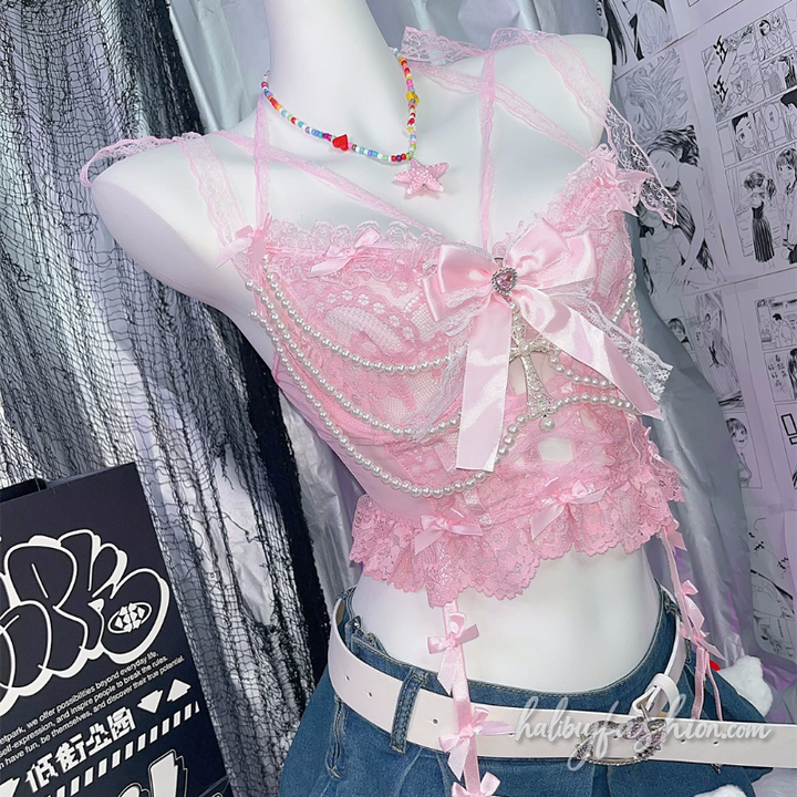 Bowknot beaded lace self tie cami top