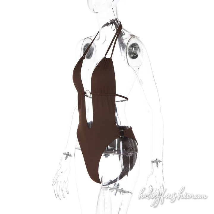 Halter self tie o ring hollow out backless bodysuit - Halibuy - 3