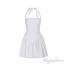 Halter self tie ruched square neck zip-up mini dress