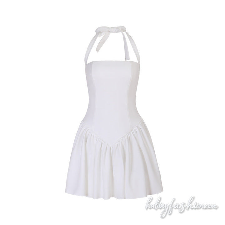 Halter self tie ruched square neck zip-up mini dress