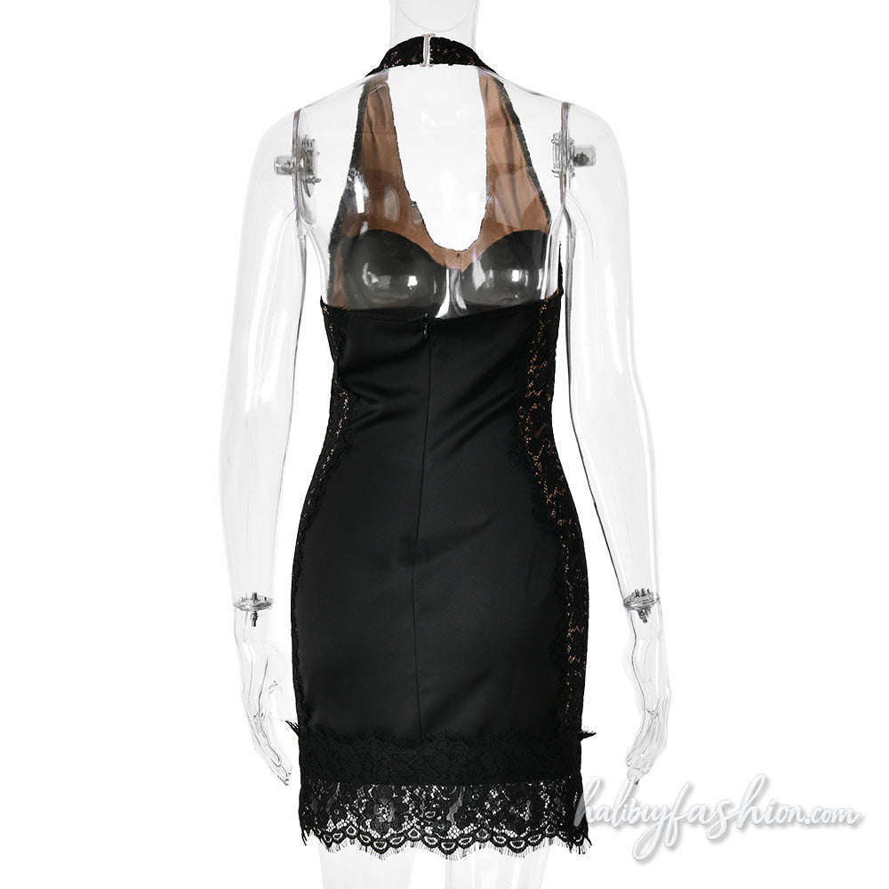 Lace hem halter u neck zip-up backless mini dress - Halibuy - 5