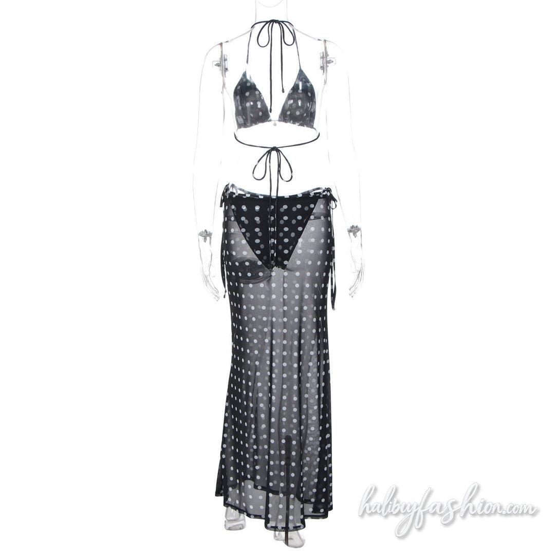 Polka dot halter self tie mesh maxi skirt set
