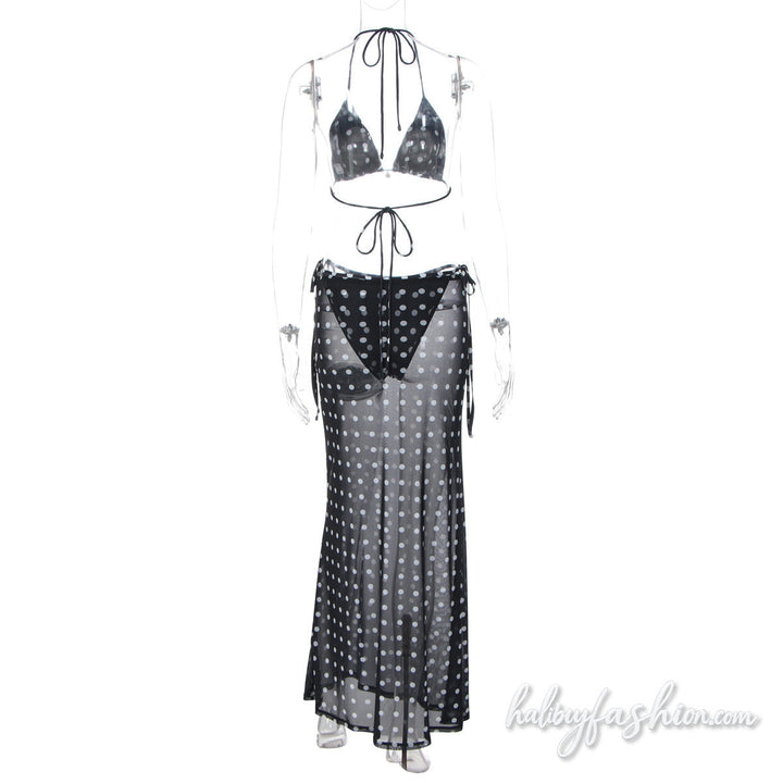 Polka dot halter self tie mesh maxi skirt set
