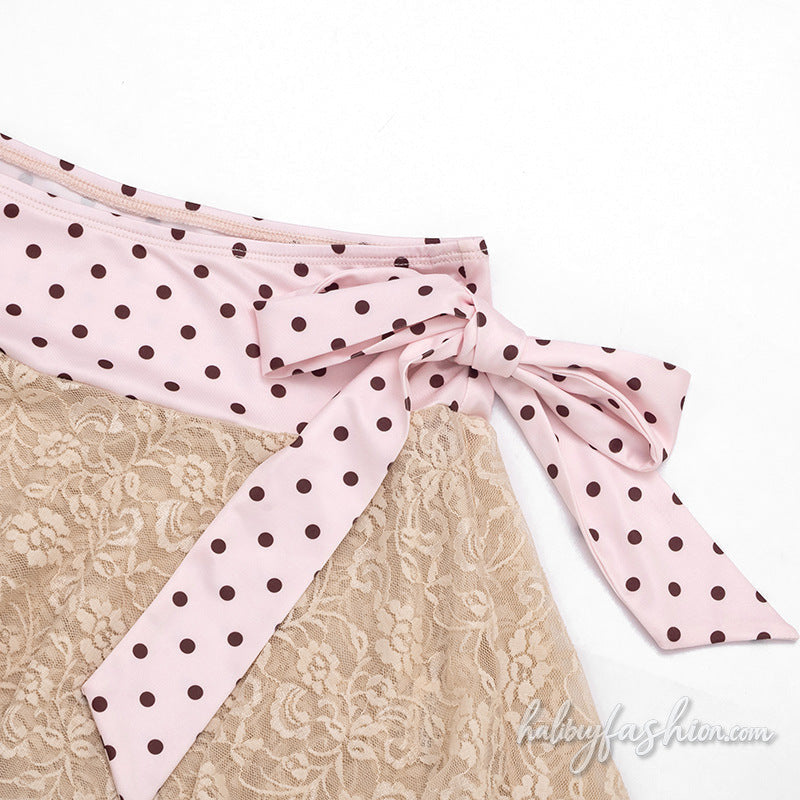 Halter self tie lace ruched polka dot mini skirt set - Halibuy - 5