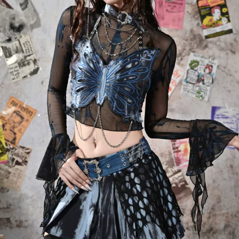 Long flared sleeve mesh print metal chain top