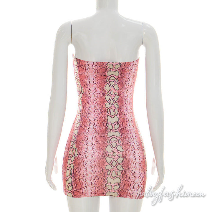 Snakeskin print contrast backless tube mini dress