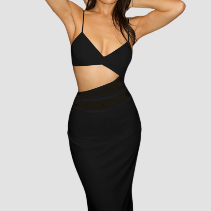 V neck solid hollow out mesh cami cut out maxi dress  | Festival Outfits Women