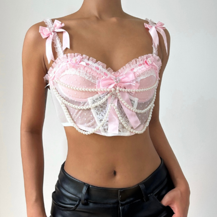 Bowknot beaded ruffle padded cami top  | Festival Outfits Women