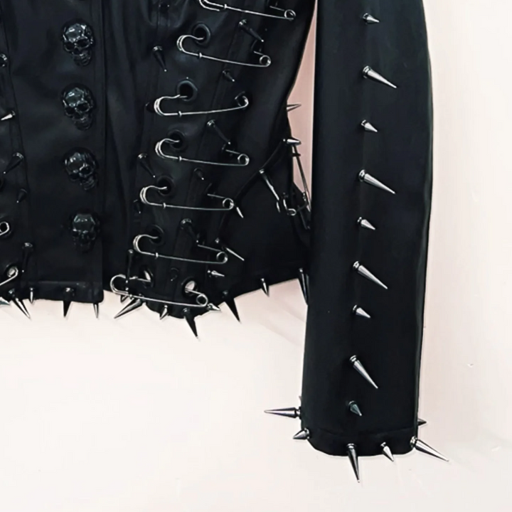 Long sleeve turnover collar PU leather skull applique top  | Festival Outfits Women