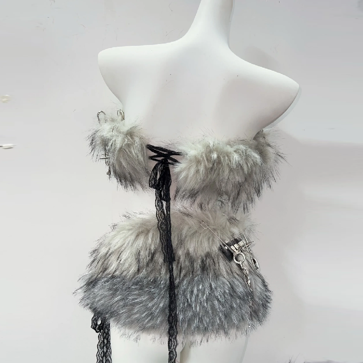 Fluffy metal chain tube mini skirt set  | Festival Outfits Women